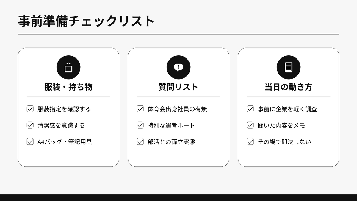 就活イベント参加前の準備チェックリストを、服装・持ち物、質問リスト、当日の動き方の3カテゴリで示した図解