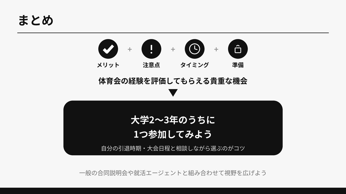 メリット・注意点・タイミング・準備の4要点を振り返り、大学2〜3年での参加を促すまとめの図解