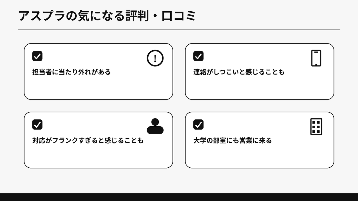 アスプラの気になる評判を担当者の当たり外れ・連絡の頻度・対応・部室営業の4つに分けた図解