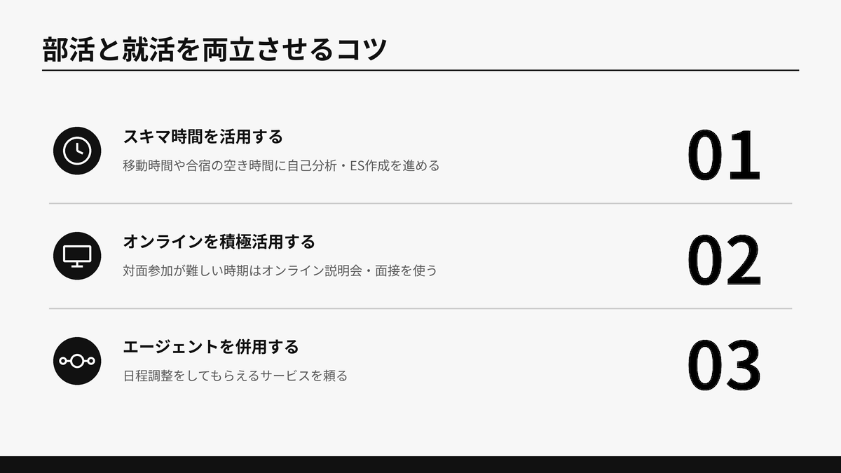 スキマ時間の活用・オンラインの積極活用・エージェントの併用という3つの両立のコツを番号付きで示した図解